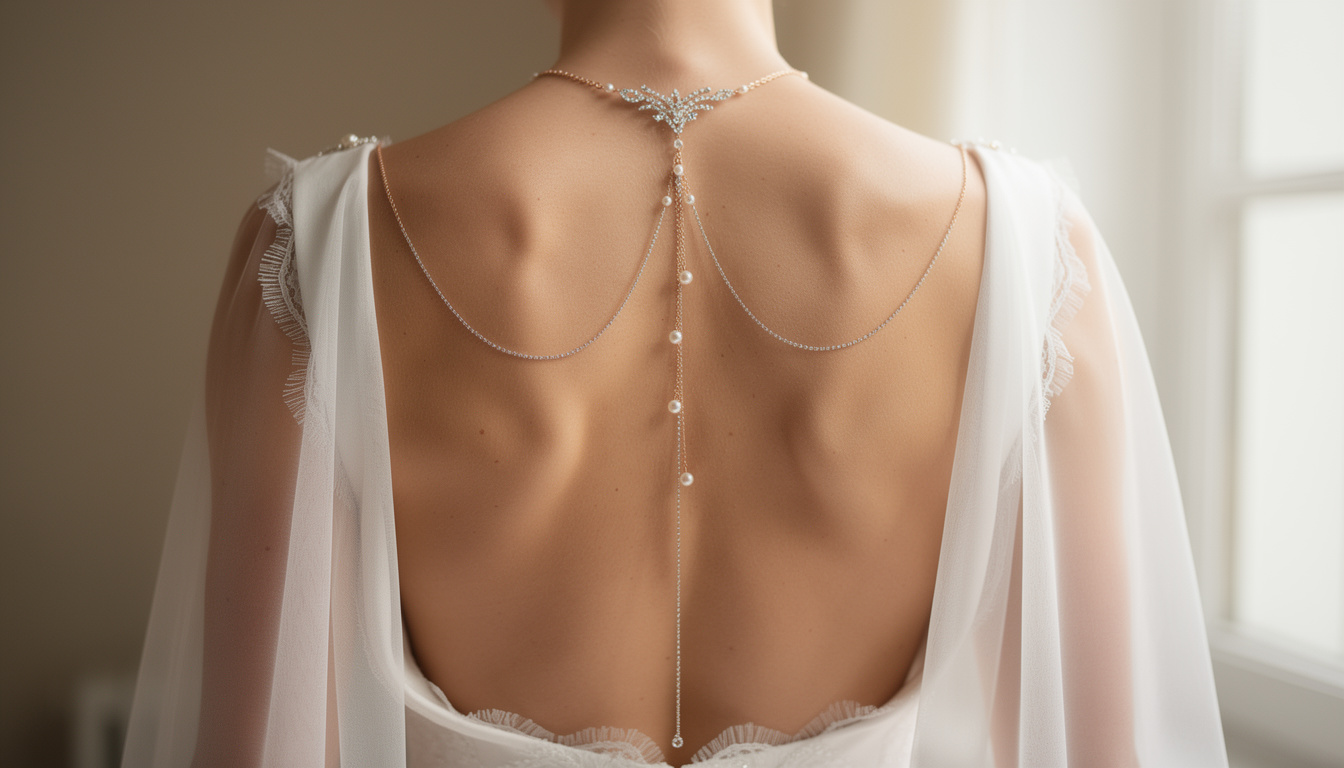 découvrez notre sélection élégante de bijoux de dos pour mariée, conçus pour sublimer parfaitement les robes dos ouvert et ajouter une touche de glamour à votre tenue nuptiale.