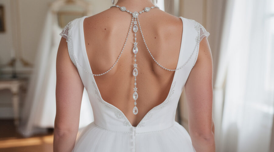 découvrez notre sélection de bijoux de dos pour mariée, conçus pour sublimer les robes dos ouvert et apporter une touche élégante et raffinée à votre tenue de mariage.