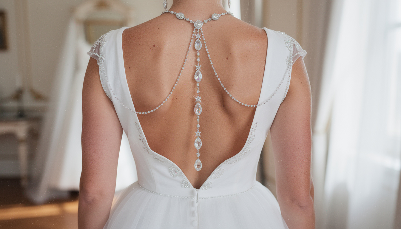 découvrez notre sélection de bijoux de dos pour mariée, conçus pour sublimer les robes dos ouvert et apporter une touche élégante et raffinée à votre tenue de mariage.