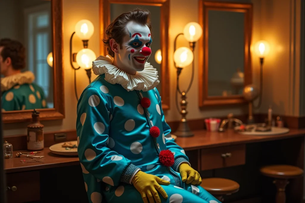 Homme adulte maquillé en clown de cirque avec costume satiné à pois dans une loge de spectacle aux miroirs à ampoules