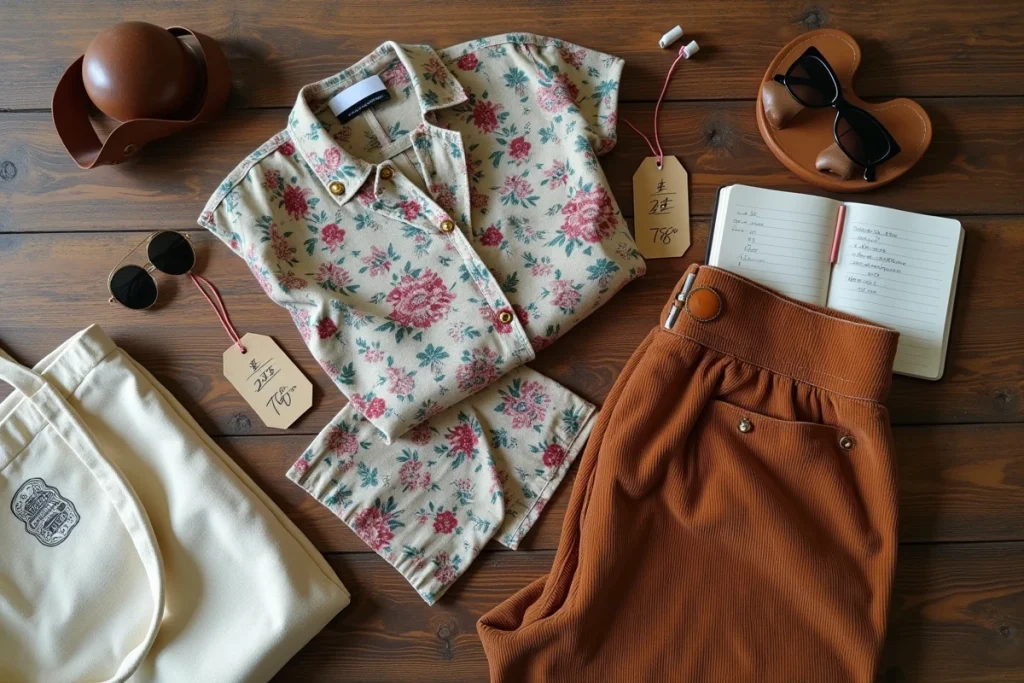Sélection de vêtements vintage achetés en friperie à petit budget disposés en flat lay sur une table en bois