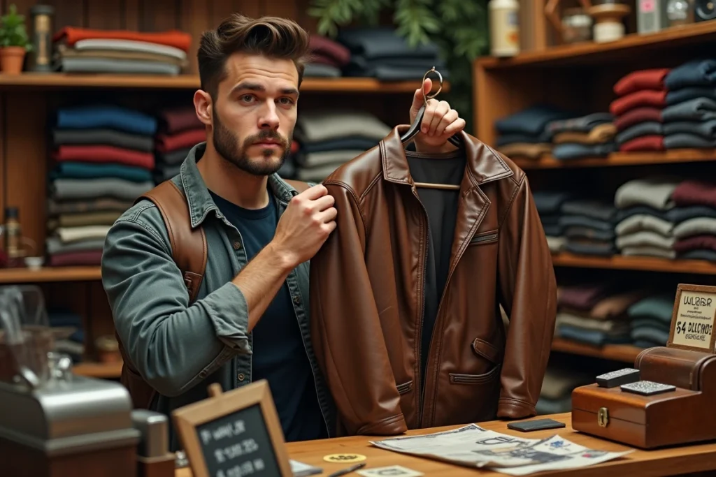 Homme inspectant une veste en cuir vintage au comptoir d'une friperie avec des prix abordables