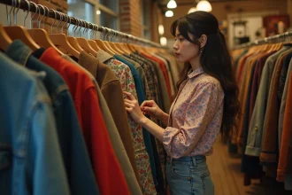 Jeune femme qui fait du shopping dans une friperie vintage en cherchant des vêtements rétro à petit prix