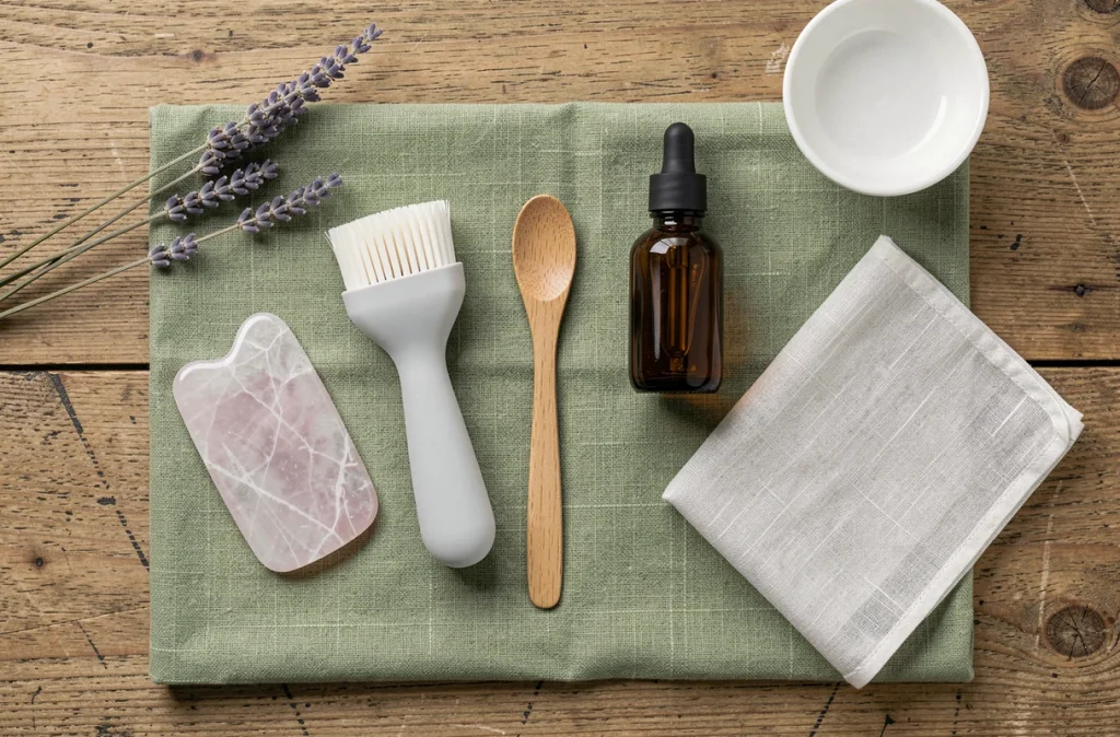 Mise en scène de soins visage avec gua sha en quartz rose, brosse nettoyante et flacons de sérum sur tissu de lin