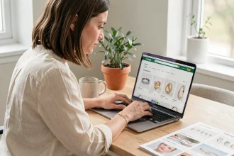 Femme consultant un site de bijouterie en ligne pour acheter un bracelet en commun, assise à son bureau à domicile avec un ordinateur portable ouvert