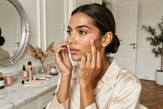 Femme appliquant un blush crème pêche sur ses pommettes dans un appartement parisien, ambiance beauté naturelle et minimaliste
