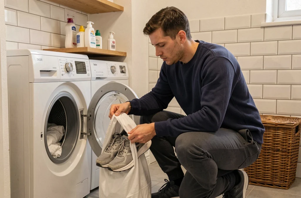 Homme enveloppant des baskets dans une taie d'oreiller avant de les mettre en machine sans filet de lavage