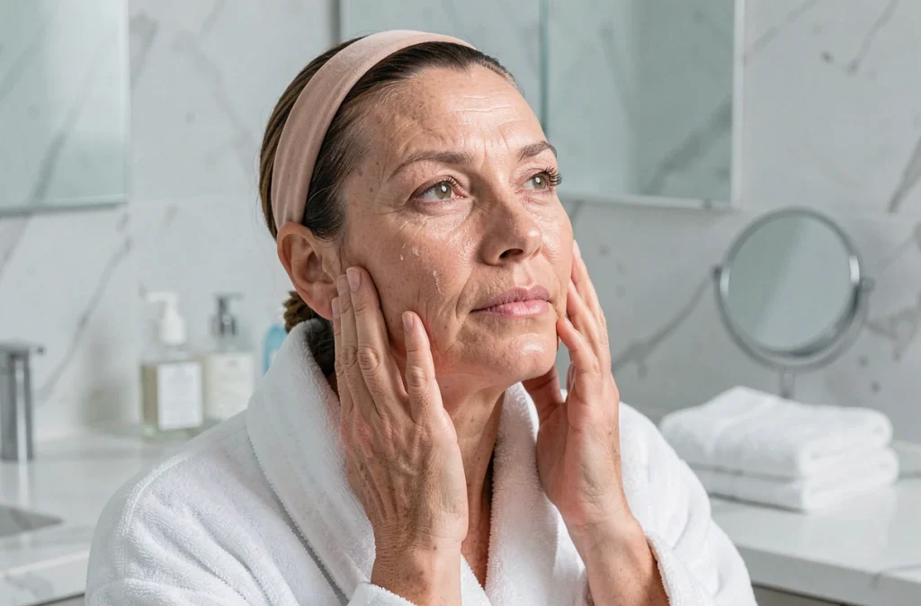 Femme d'âge moyen pratiquant un auto-massage du visage à domicile dans une salle de bain lumineuse avec des produits de soin