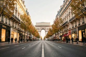 Vue panoramique de l'Avenue des Champs-Élysées avec ses boutiques de luxe et l'Arc de Triomphe en arrière-plan en automne