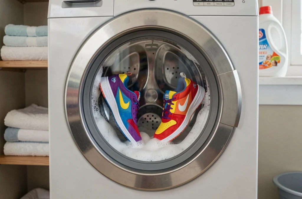 Baskets colorées en train de tourner dans le tambour d'un lave-linge vue depuis le hublot