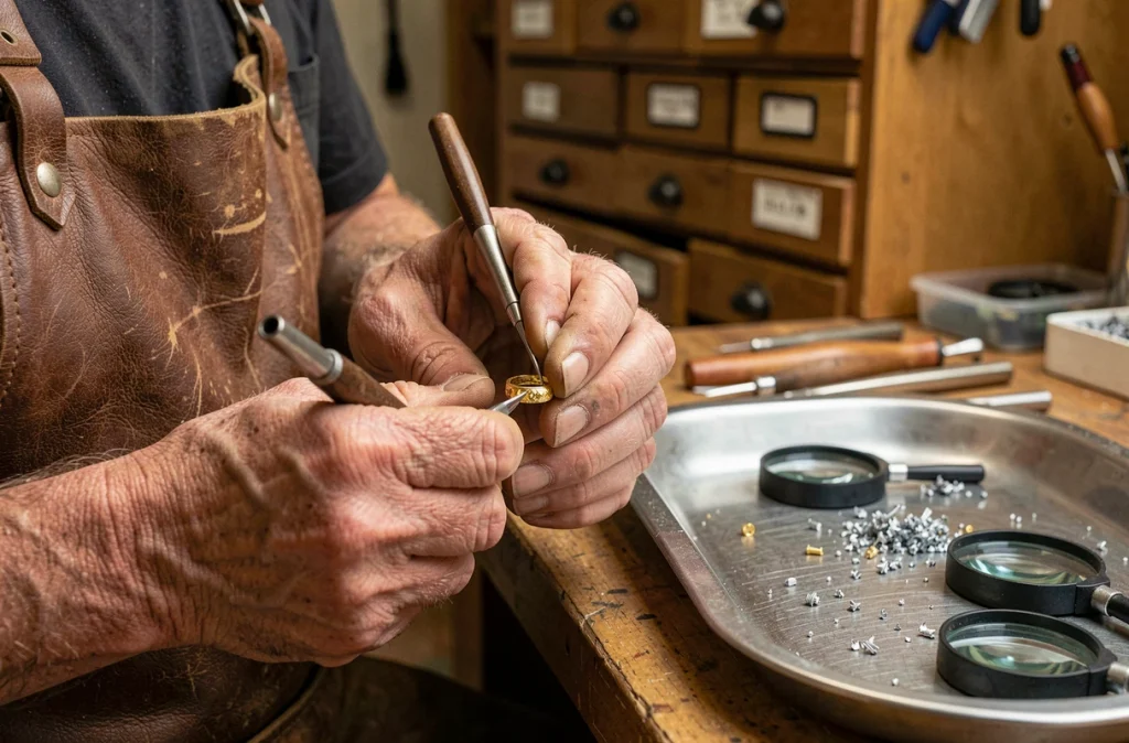 Bijoutier artisan gravant une chevalière or personnalisée dans son atelier avec outils de gravure