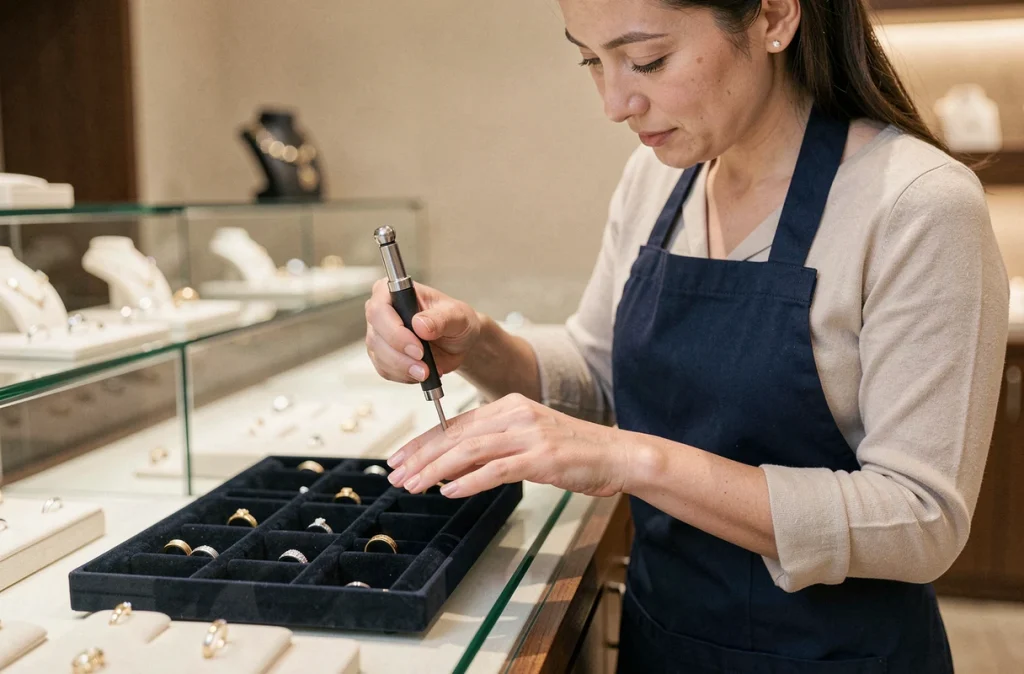 Bijoutière mesurant le tour de doigt d'une cliente avec un mandrin professionnel dans une bijouterie