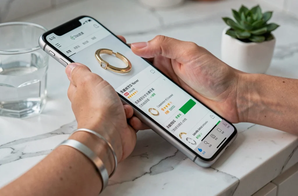 Gros plan sur un poignet portant un bracelet en commun et une main tenant un smartphone montrant le même bracelet sur un site de vente en ligne
