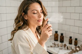 Femme appliquant une brume parfumée sur son visage dans une salle de bain minimaliste au style naturel