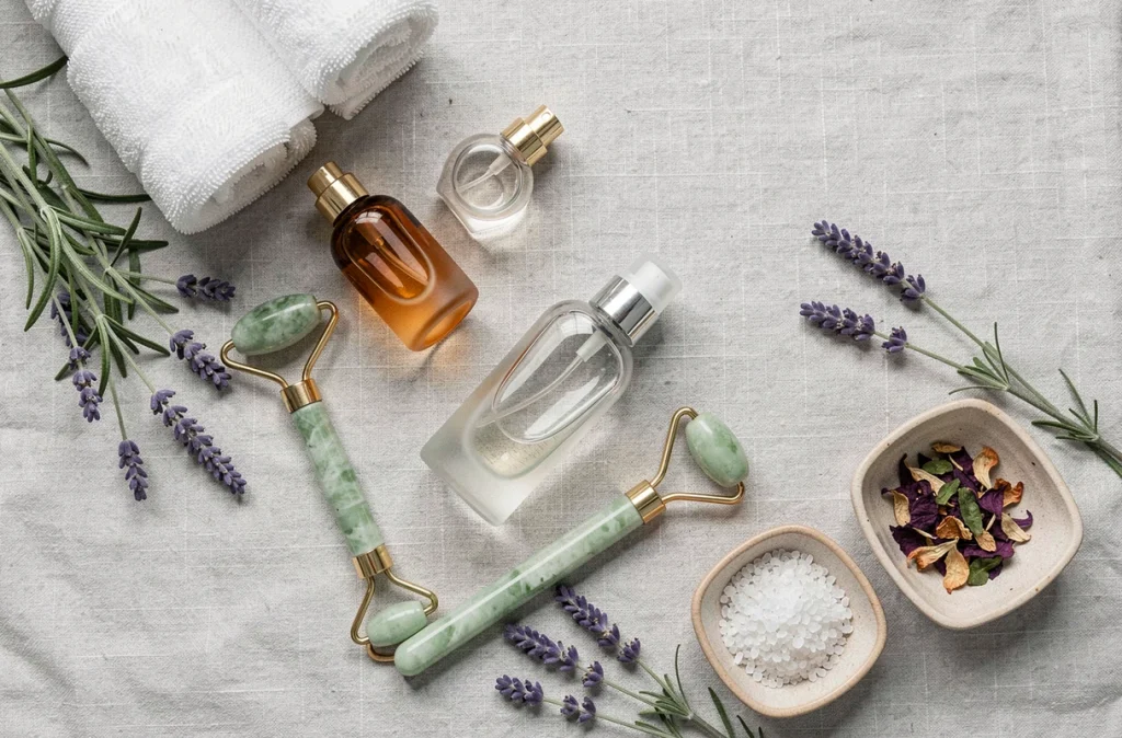 Composition flatlay de brumes parfumées et accessoires de beauté naturels sur fond de lin gris