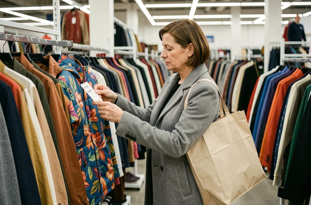 Cliente française en train de faire ses achats dans un magasin C&A en consultant les étiquettes de prix sur les vêtements