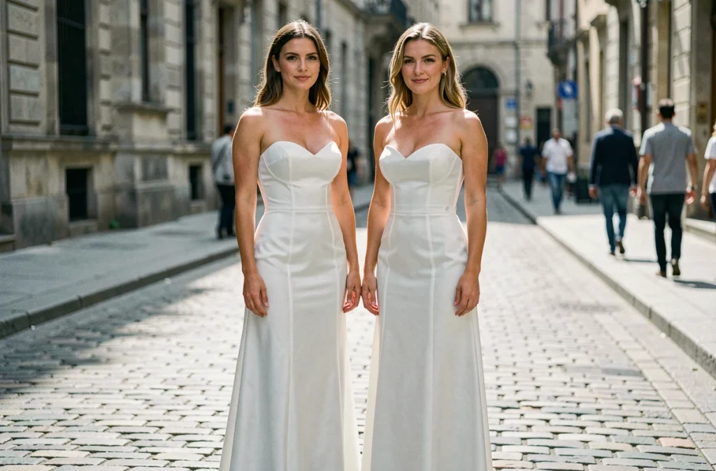 Comparaison de deux silhouettes en robe bustier longue blanche en extérieur, illustration des erreurs de morphologie à éviter