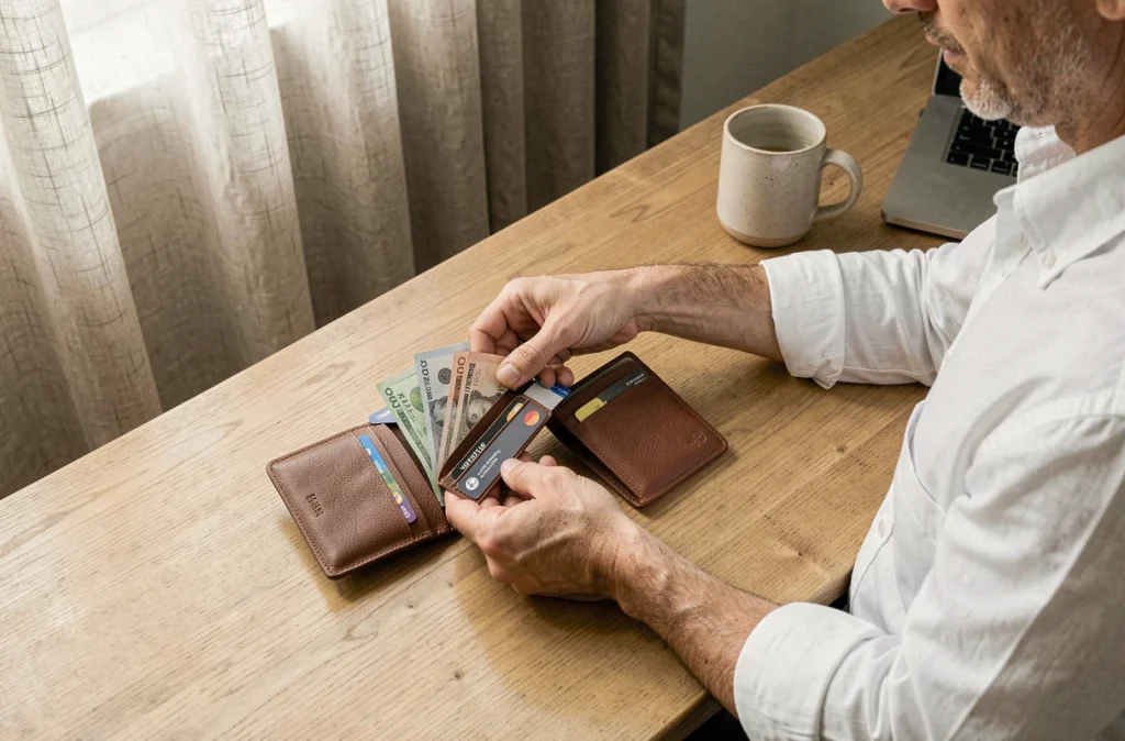 Comparaison côte à côte d'un porte-cartes slim et d'un portefeuille classique en cuir posés sur un bureau en bois