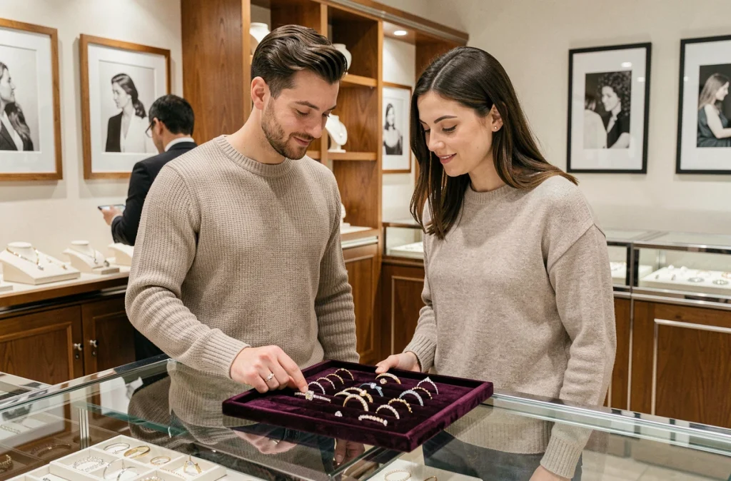 Couple en bijouterie choisissant ensemble un bracelet en commun exposé sur un plateau de velours dans une boutique élégante