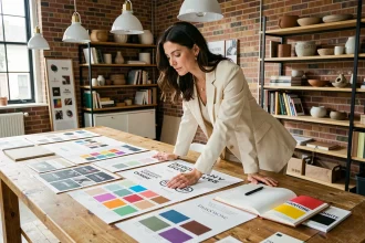 Designer de marque travaillant sur une identité visuelle avec des planches de couleurs et typographies dans un studio créatif