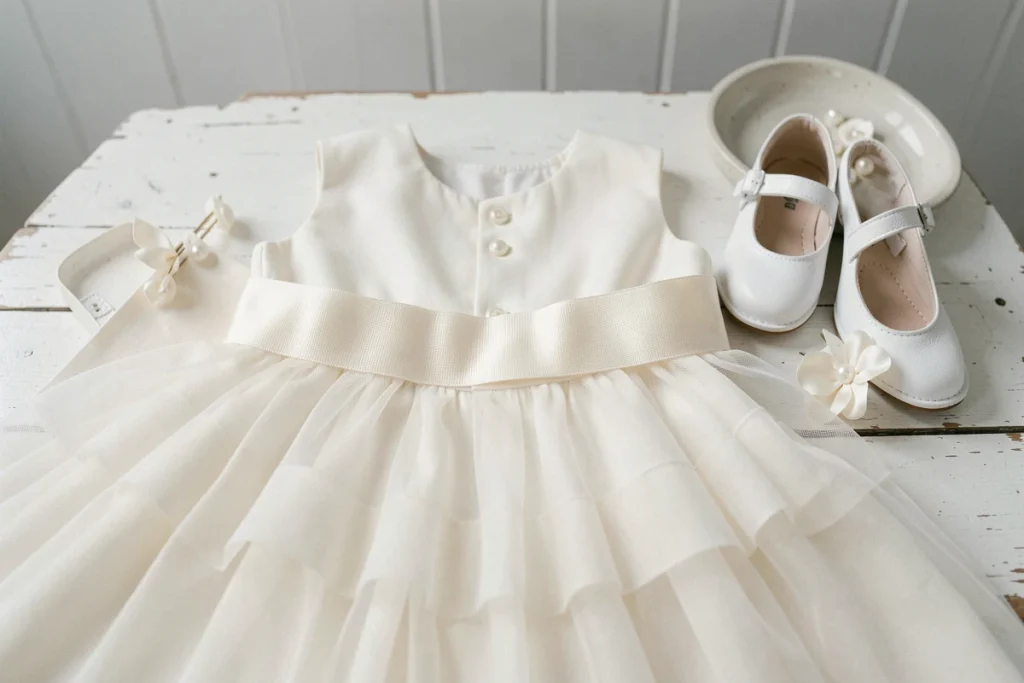 Détail robe de cérémonie bébé posée à plat avec boutons nacre, volants en organza et chaussures Mary Jane blanches