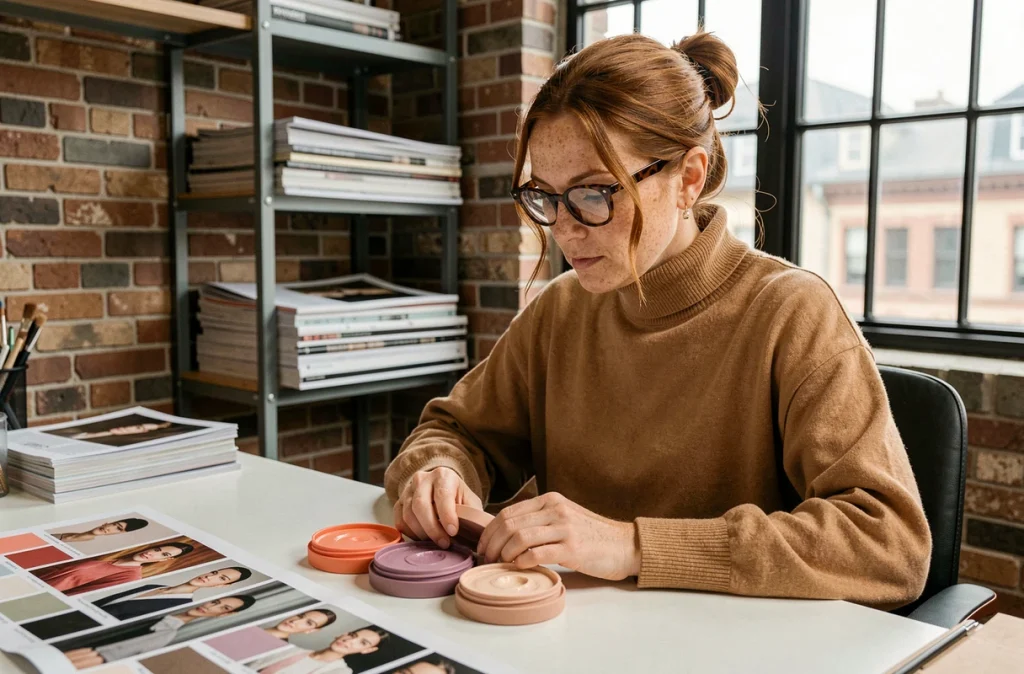 Éditrice de mode analysant des pots de blush crème en studio de magazine, tendance beauté éditoriale automne-hiver