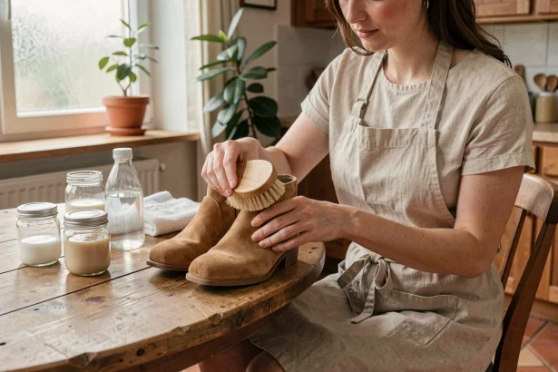Femme entretenant des bottines en daim avec une brosse naturelle et des produits ménagers écologiques sur une table en bois rustique