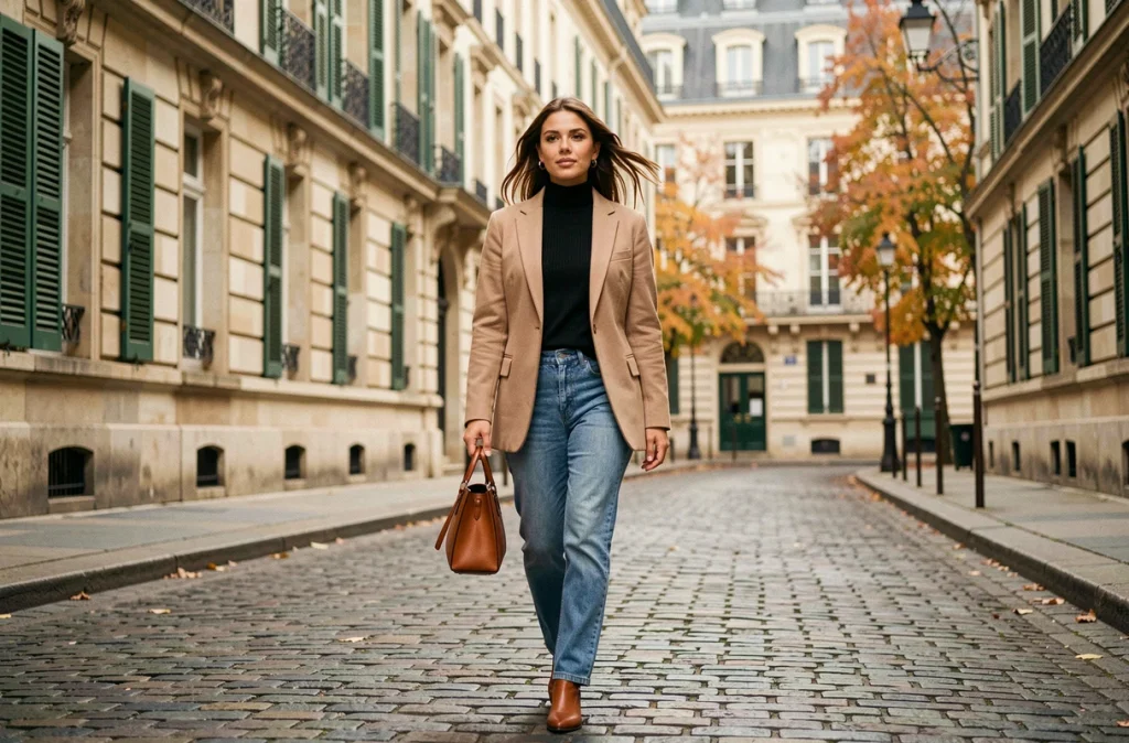 Femme en blazer beige et jean droit marchant sur un pavé parisien en automne, style garde-robe capsule urbaine