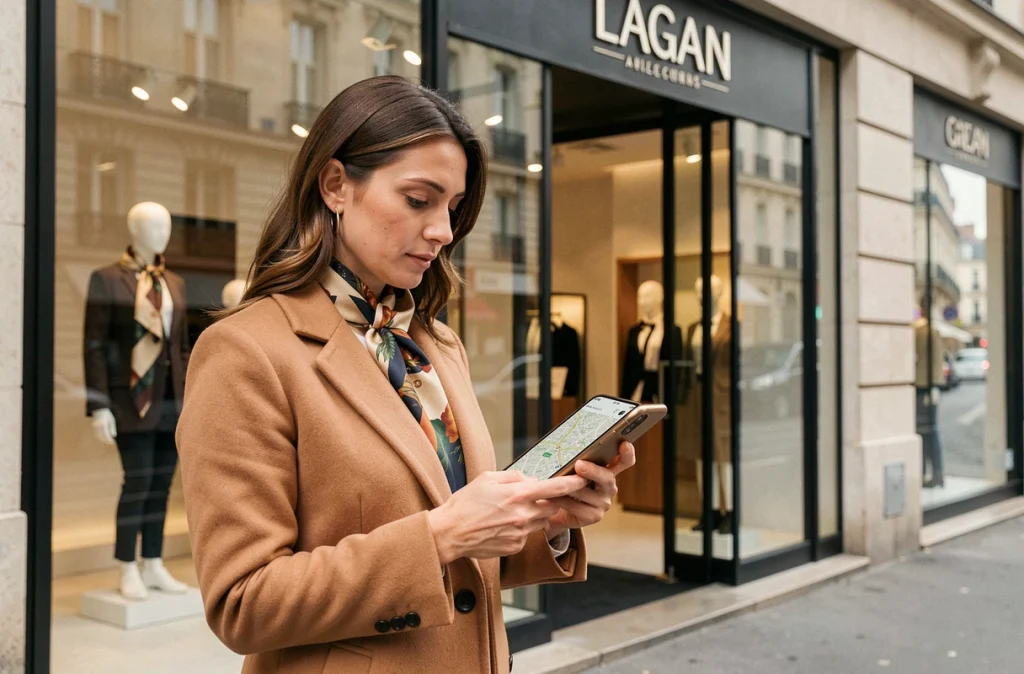 Femme élégante consultant un plan interactif sur smartphone devant une boutique de luxe sur les Champs-Élysées à Paris