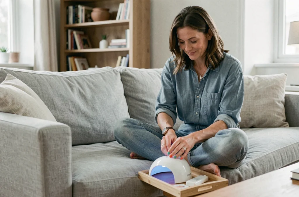 Femme utilisant une lampe UV portable pour fixer son vernis semi-permanent sur le canapé de son salon lors d'une séance de soin à domicile