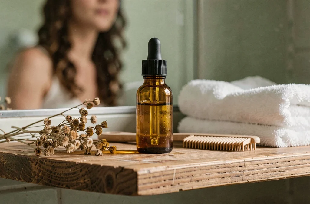 Flacon d'huile de jojoba en verre ambré posé sur une étagère en bois avec accessoires capillaires naturels