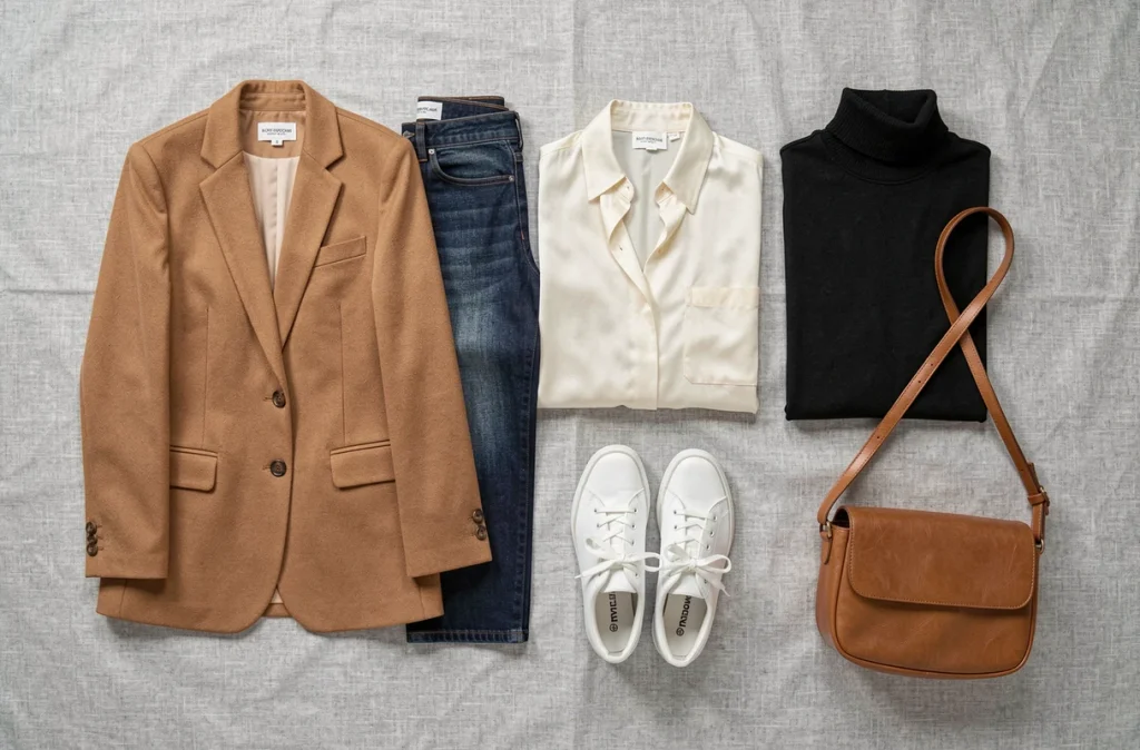 Flatlay minimaliste d'une garde-robe capsule avec blazer camel, jean, blouse ivoire et accessoires en cuir sur fond lin gris
