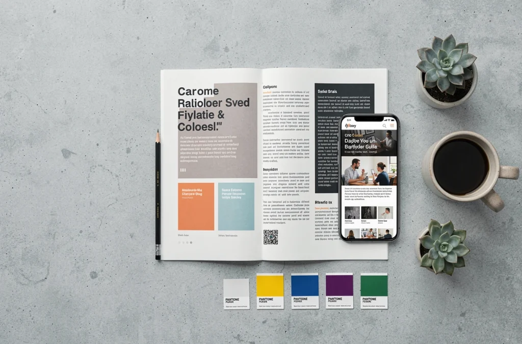 Flat-lay minimaliste d'un guide de style de marque, d'une maquette de blog sur smartphone et de puces Pantone sur béton gris