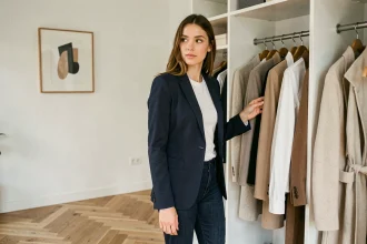 Femme portant un blazer marine et un jean indigo devant un dressing capsule minimaliste dans un appartement parisien