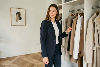 Femme portant un blazer marine et un jean indigo devant un dressing capsule minimaliste dans un appartement parisien