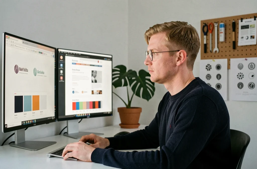 Graphiste travaillant sur des maquettes de logo et de palette de couleurs pour un blogue sur deux écrans