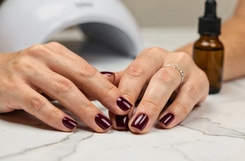 Gros plan sur des ongles manucurés avec du vernis semi-permanent bordeaux brillant sur une surface en marbre blanc