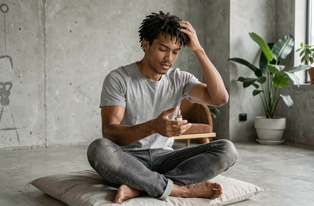 Homme aux cheveux bouclés appliquant de l'huile de jojoba dans un salon minimaliste moderne