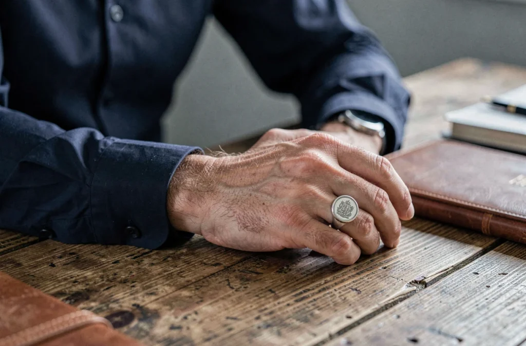 Homme portant une chevalière argent gravée blason familial main posée sur bureau en chêne