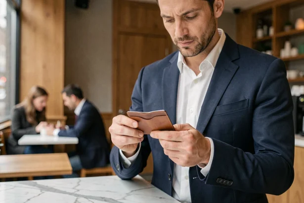 Homme en costume tenant un porte-cartes en cuir minimaliste dans un café moderne, comparaison porte-cartes vs portefeuille