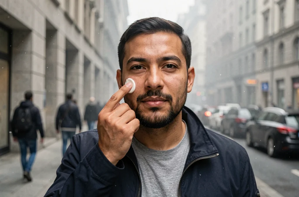 Homme appliquant une crème hydratante SPF en milieu urbain, protection de la peau contre la pollution de la ville