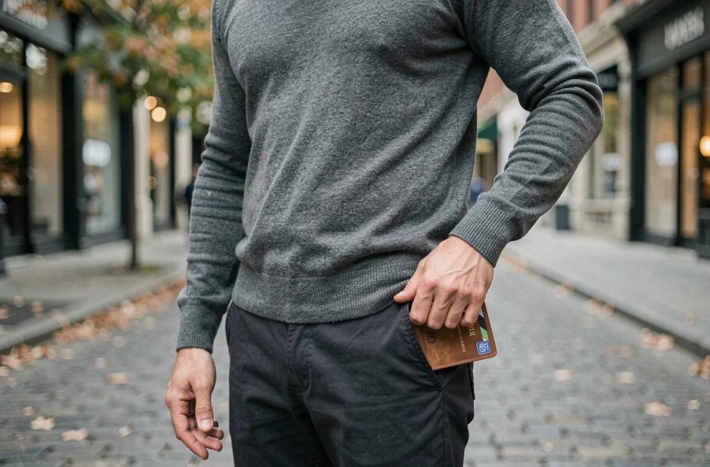 Homme retirant un porte-cartes slim de sa poche en milieu urbain en automne, usage quotidien en ville
