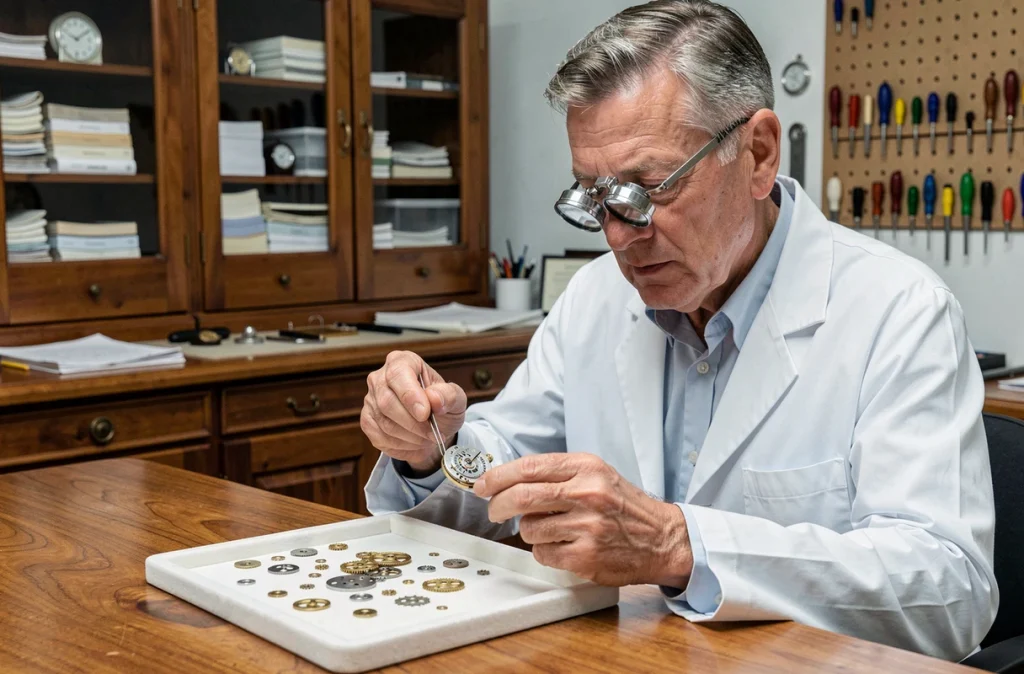 Horloger expert examinant un mouvement de montre complication calendrier perpétuel dans un atelier de haute horlogerie