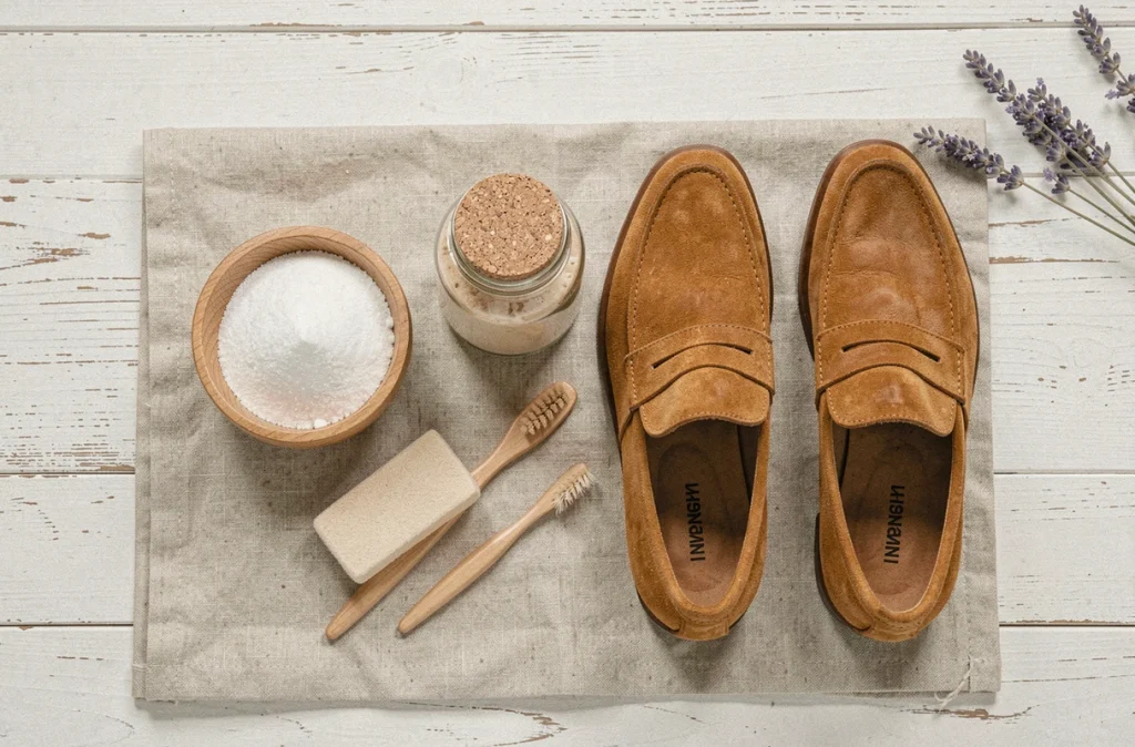 Vue de dessus des ingrédients naturels pour nettoyer des chaussures en daim : bicarbonate, brosse douce et gomme à daim sur tissu lin