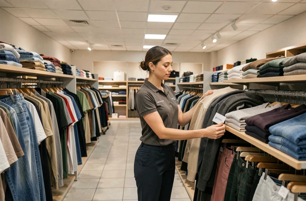 Intérieur d'un magasin de vêtements C&A avec une employée réorganisant les rayons de pulls et jeans