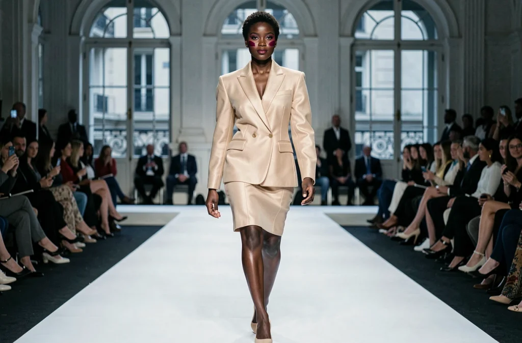Mannequin défilant sur un podium de haute couture avec un blush crème bordeaux sur les pommettes, robe blazer champagne structurée