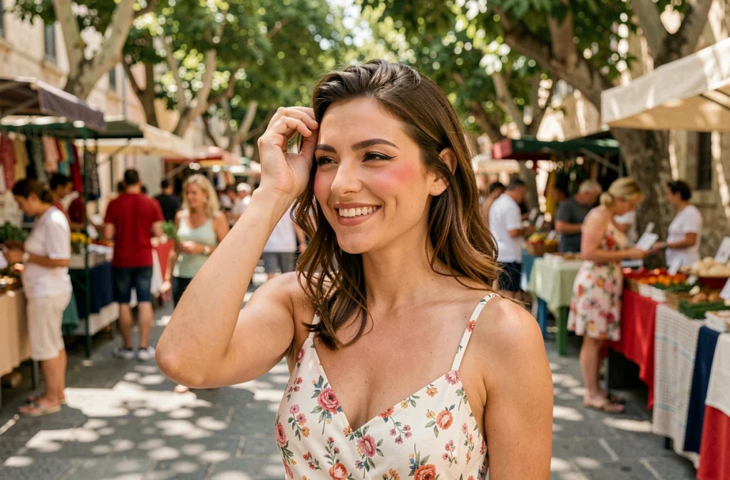 Femme aux cosmétiques longue tenue intacts en plein air lors d'un marché estival ensoleillé en ville