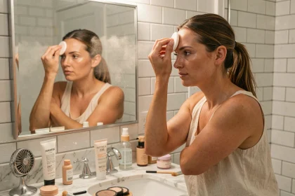 Femme appliquant une poudre fixante sur son visage devant un miroir de salle de bain pour un maquillage longue tenue par temps chaud
