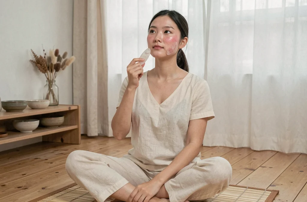 Jeune femme utilisant un outil gua sha en quartz rose pour un massage facial dans un studio de bien-être naturel