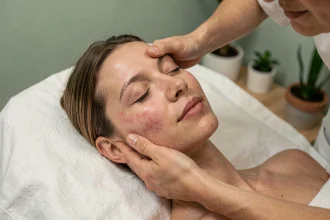 Femme recevant un massage facial professionnel dans un spa minimaliste aux murs verts, peau naturelle et sereine